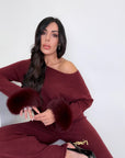 Coordinato in lana e volpe luxury bordeaux