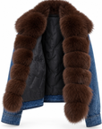 Giubbotto denim collo in volpe cioccolato