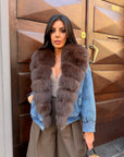 Giubbotto denim collo in volpe cioccolato