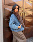 Giubbotto denim collo in volpe cioccolato