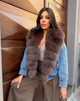 Giubbotto denim collo in volpe cioccolato