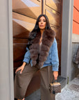 Giubbotto denim collo in volpe cioccolato