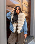 Giubbotto denim collo in volpe sabbia