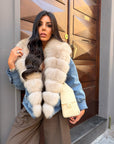 Giubbotto denim collo in volpe sabbia