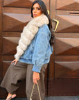 Giubbotto denim collo in volpe sabbia
