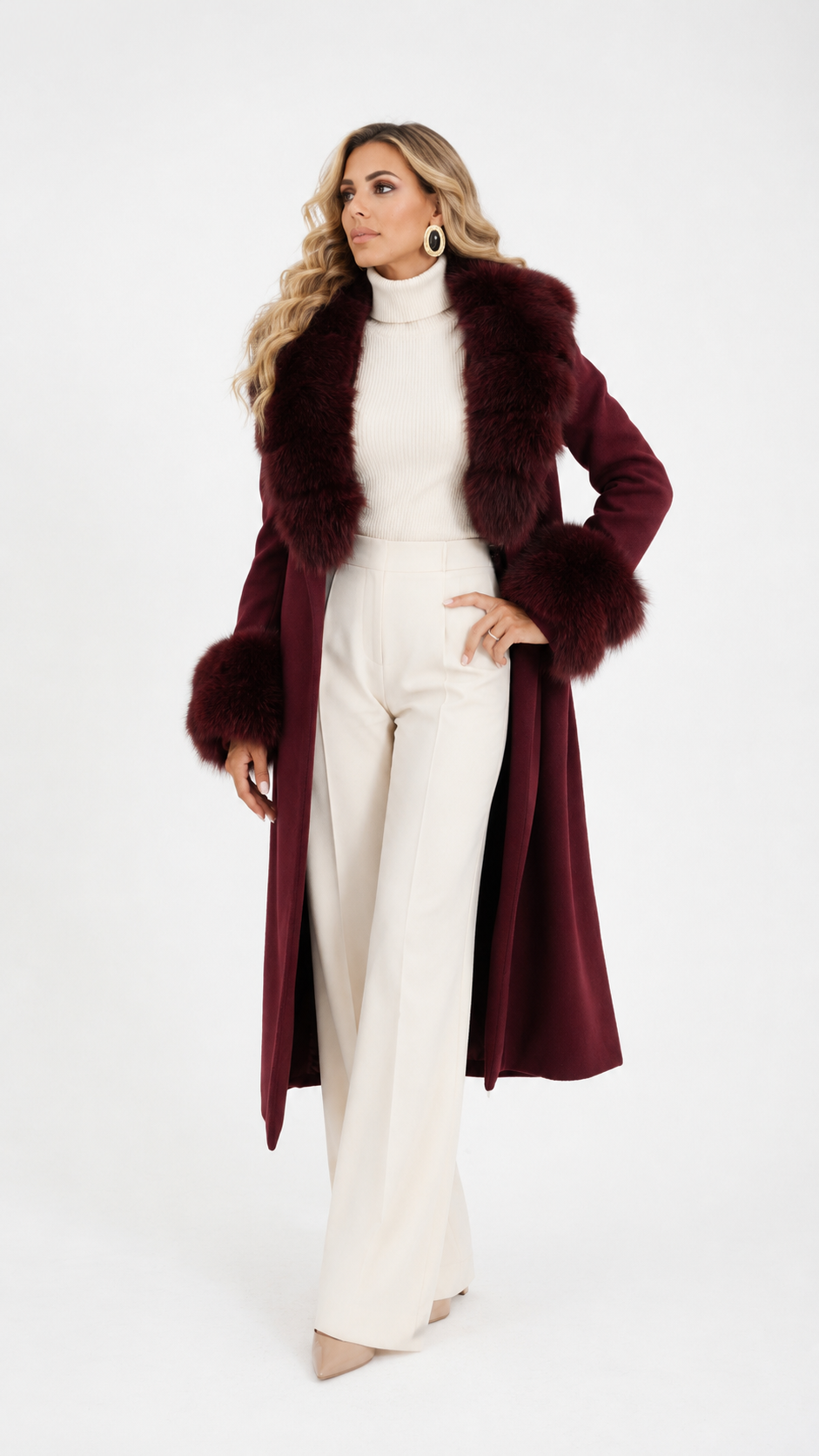 Cappotto bordato in volpe bordeaux