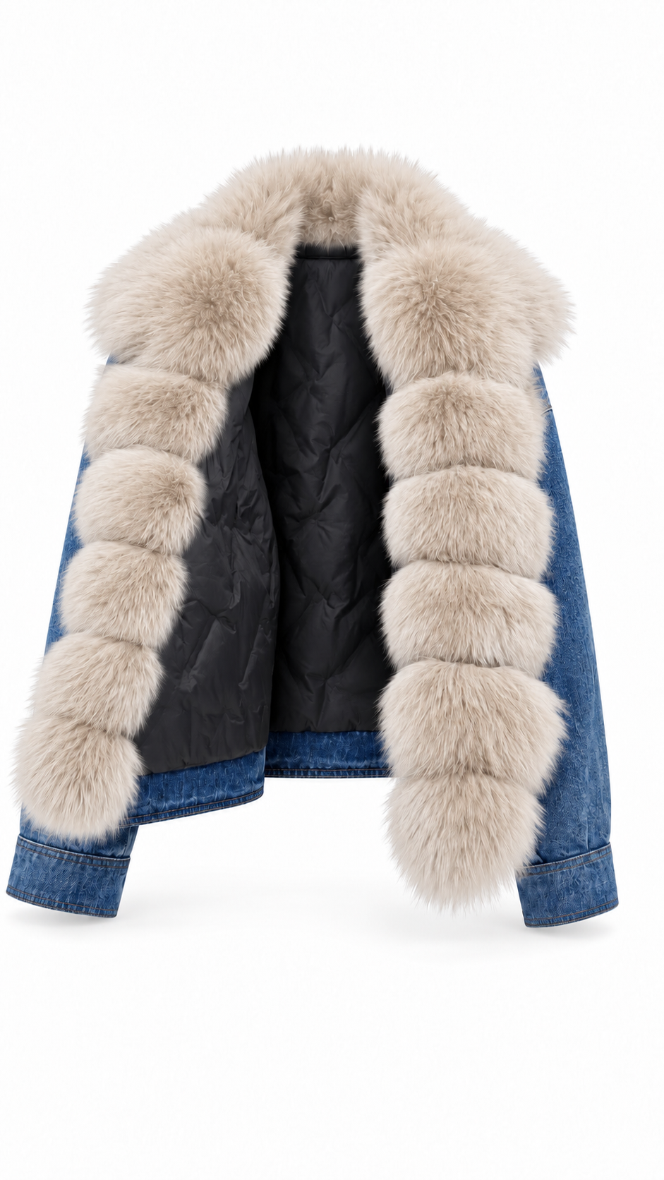 Giubbotto denim collo in volpe sabbia