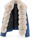 Giubbotto denim collo in volpe sabbia