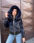 Bomber visone blu cappuccio borsato in volpe