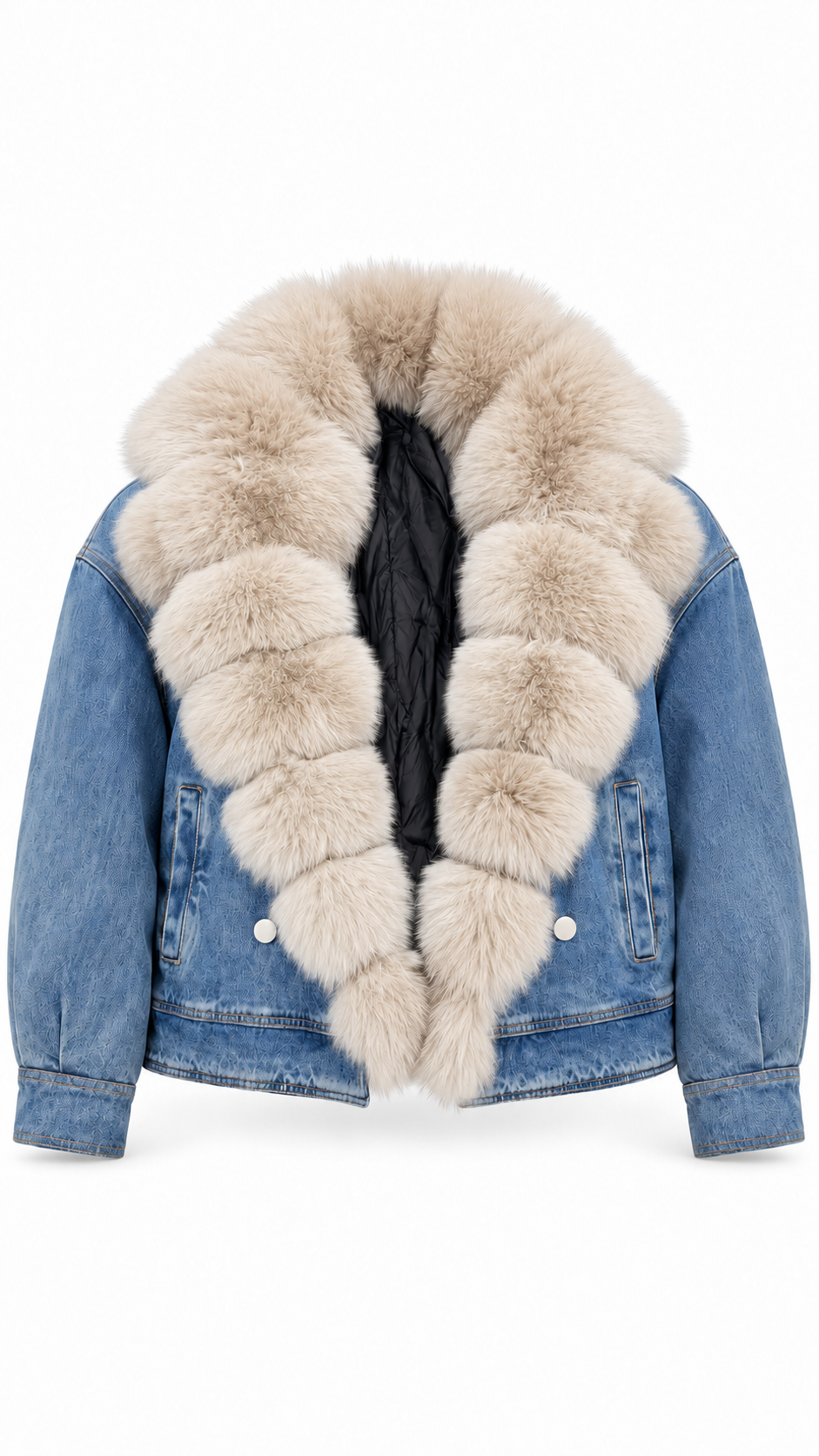 Giubbotto denim collo in volpe sabbia