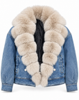 Giubbotto denim collo in volpe sabbia