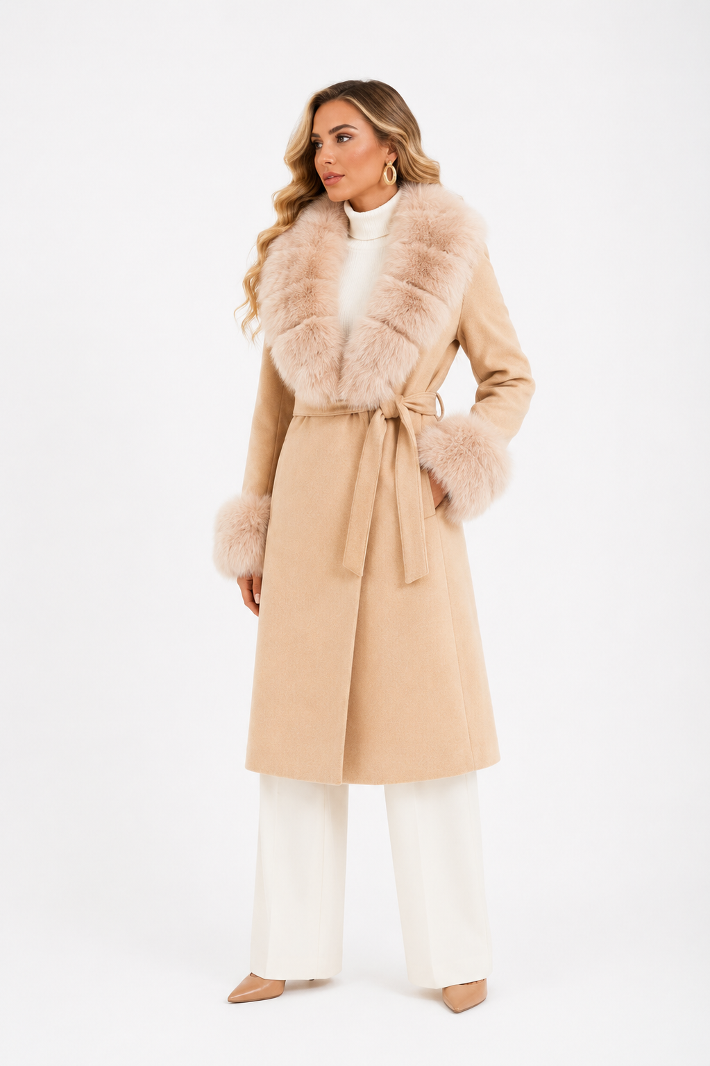Cappotto bordato in volpe beige