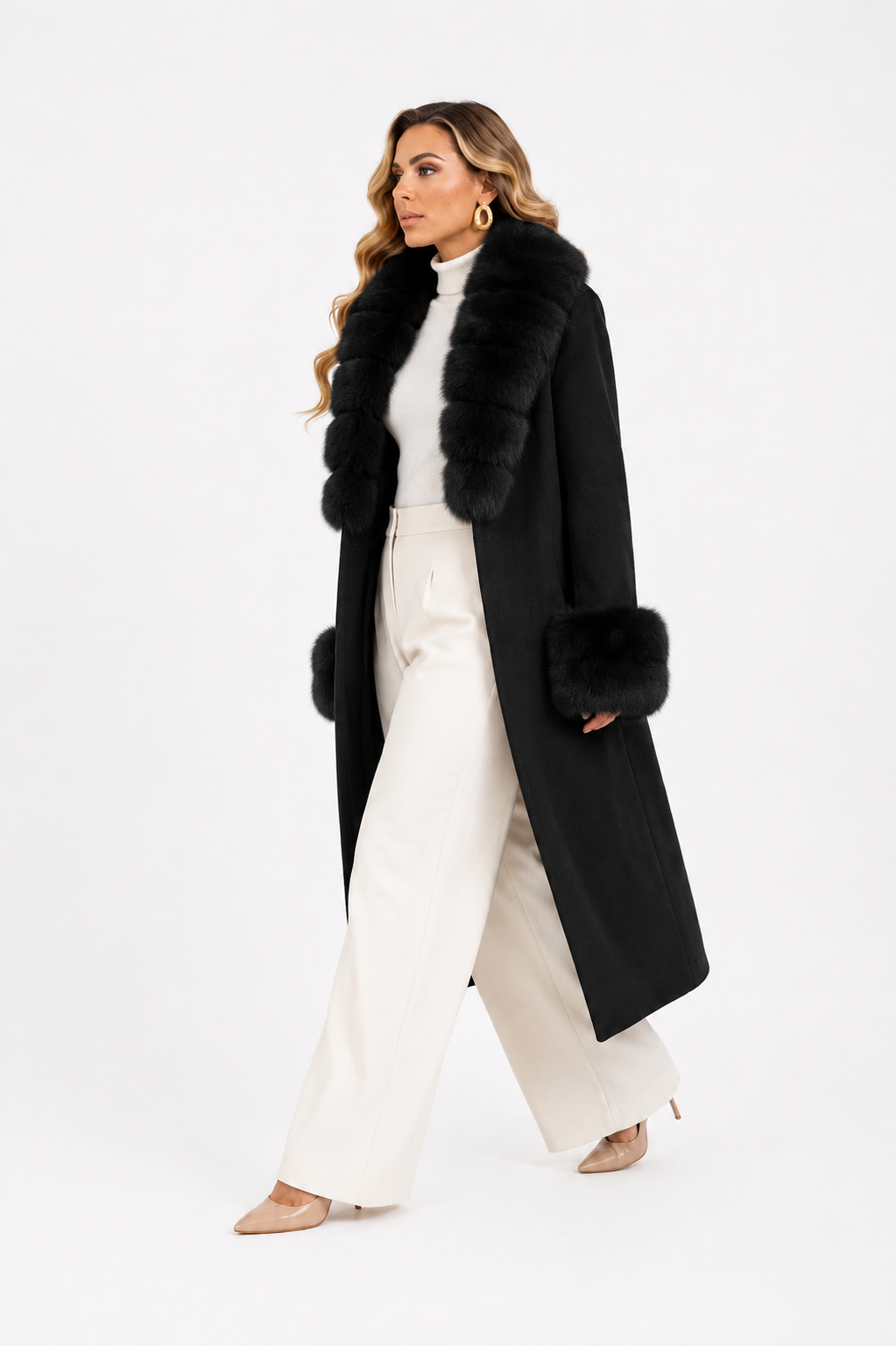 Cappotto bordato in volpe nero