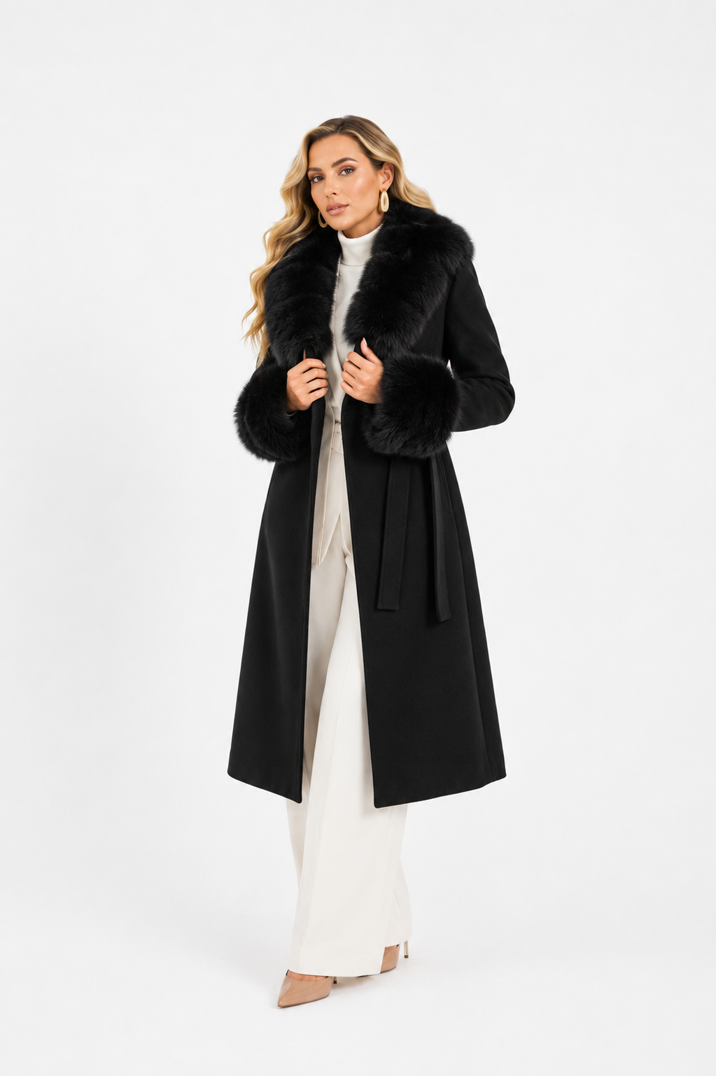 Cappotto bordato in volpe nero