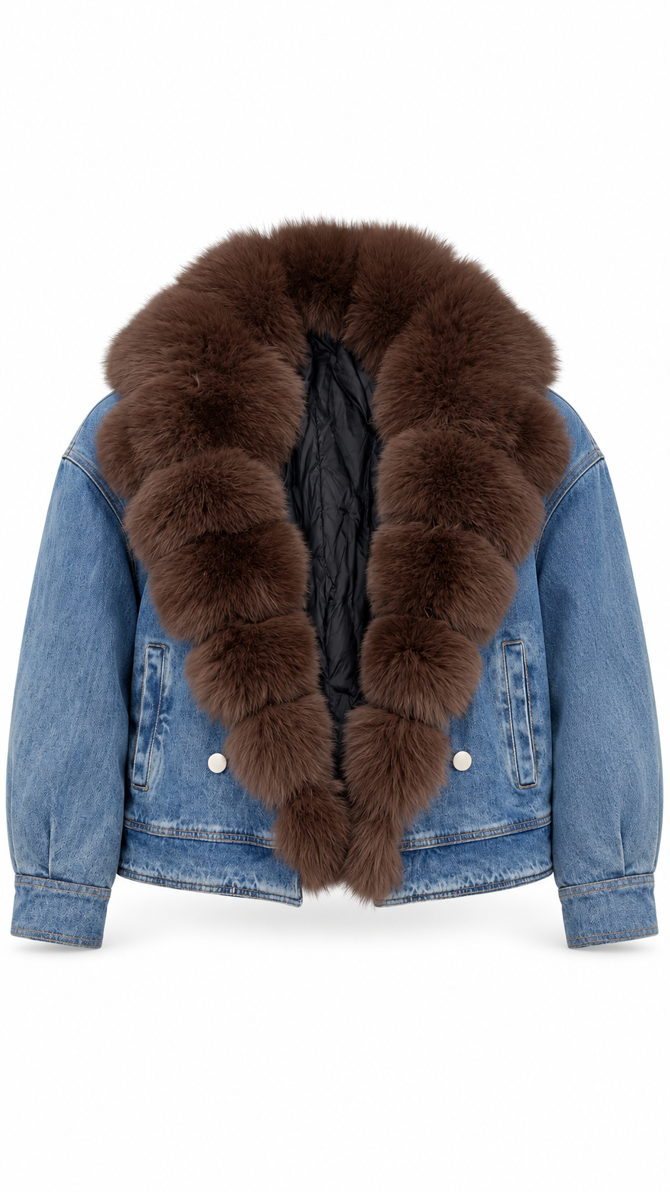 Giubbotto denim collo in volpe cioccolato