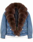Giubbotto denim collo in volpe cioccolato