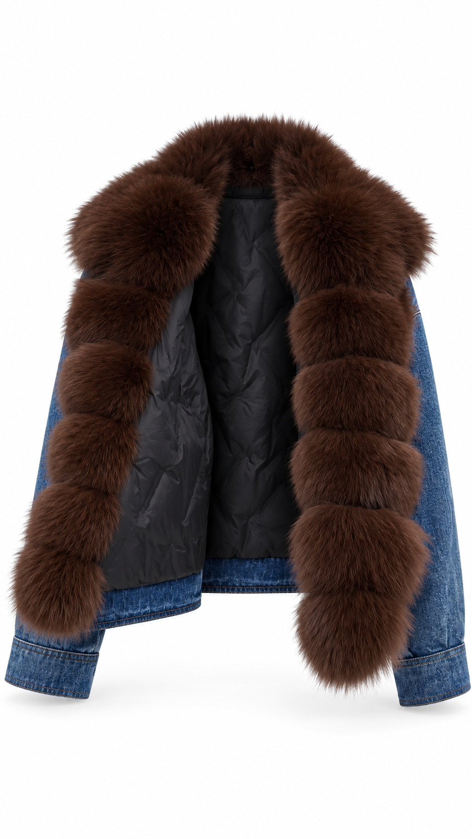 Giubbotto denim collo in volpe cioccolato