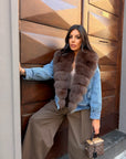 Giubbotto denim collo in volpe cioccolato