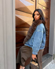 Giubbotto denim collo in volpe cioccolato