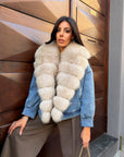 Giubbotto denim collo in volpe sabbia