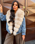 Giubbotto denim collo in volpe sabbia