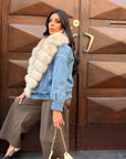 Giubbotto denim collo in volpe sabbia