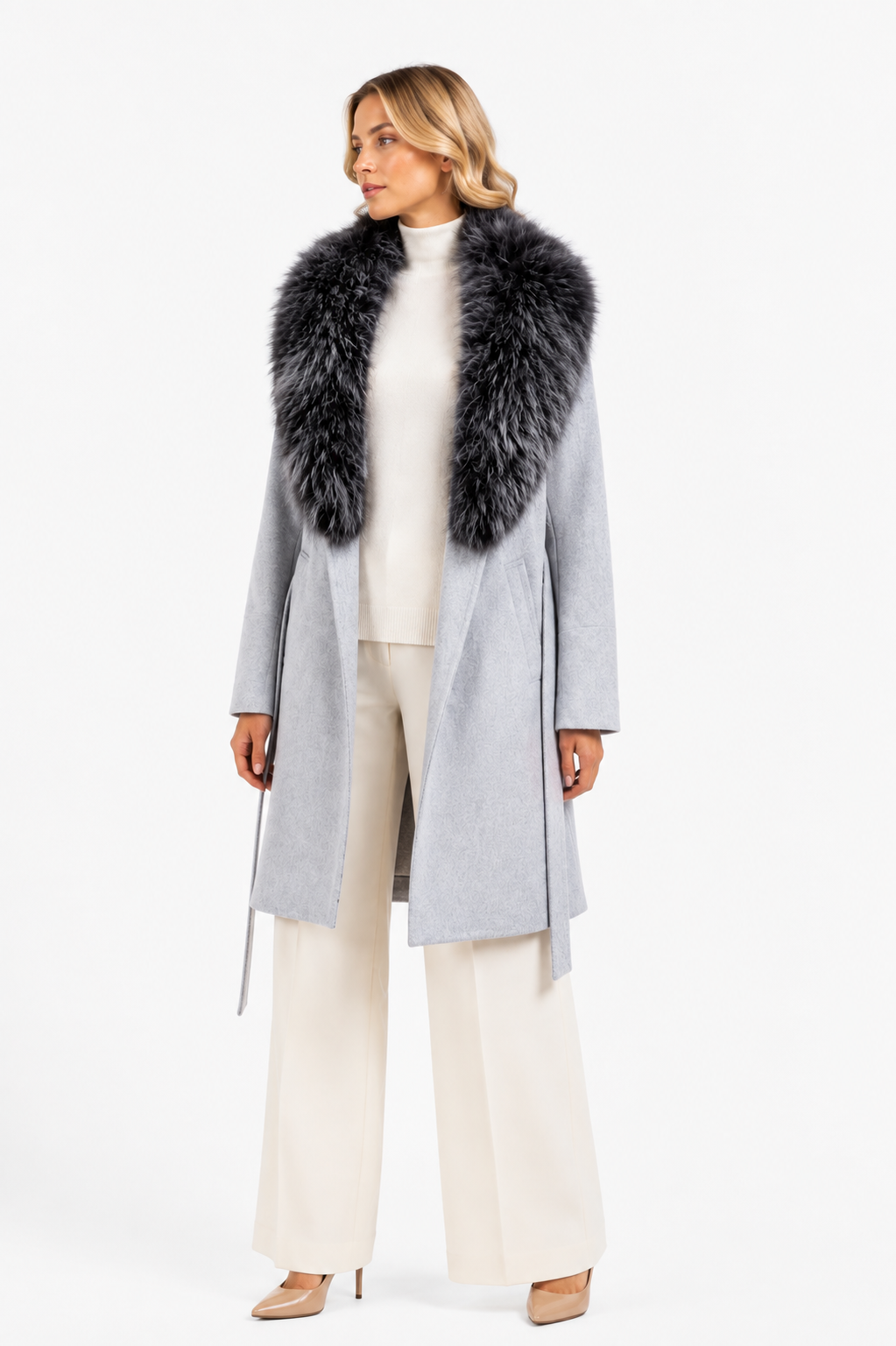 Cappotto in lana con collo in volpe