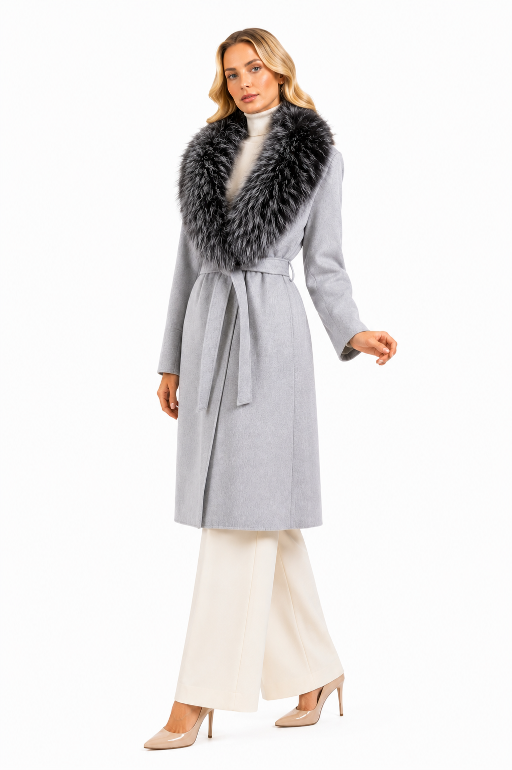 Cappotto in lana con collo in volpe
