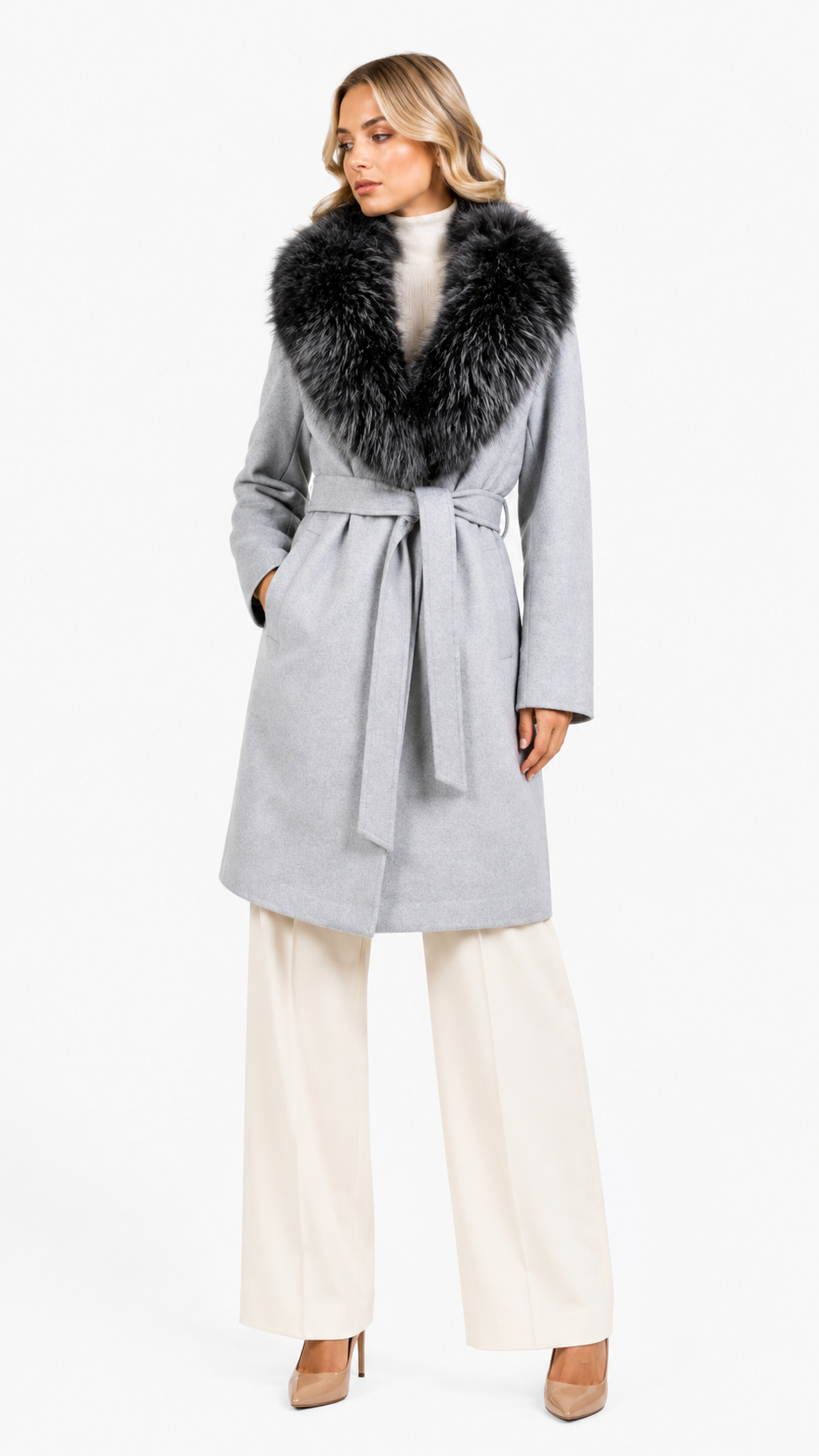 Cappotto in lana con collo in volpe