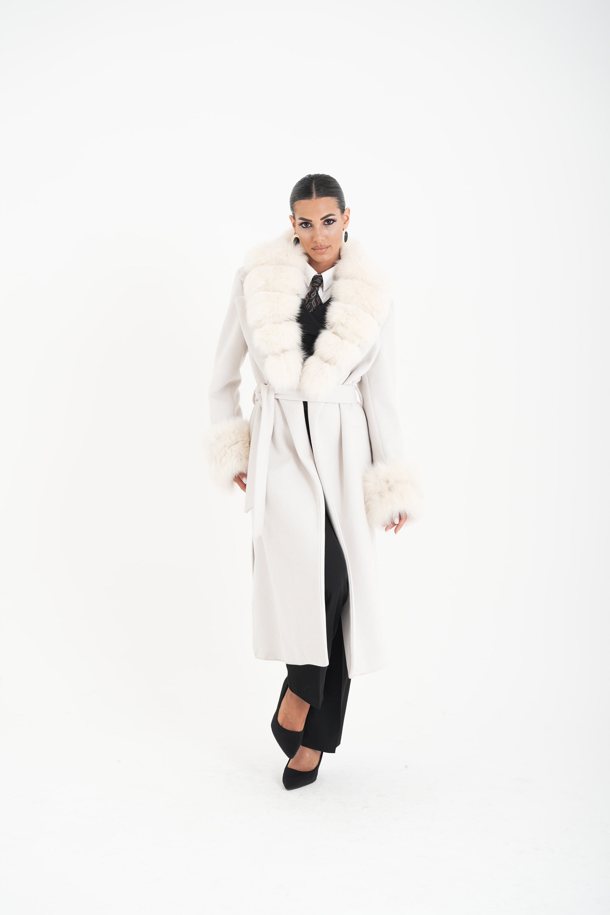 Cappotto bordato  in volpe panna