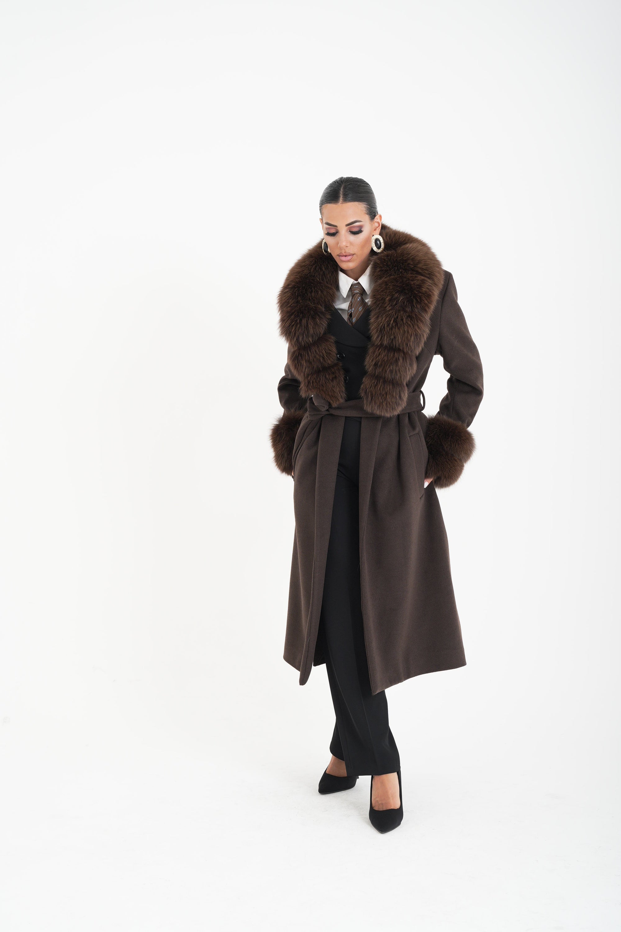 Cappotti bordato in volpe choco