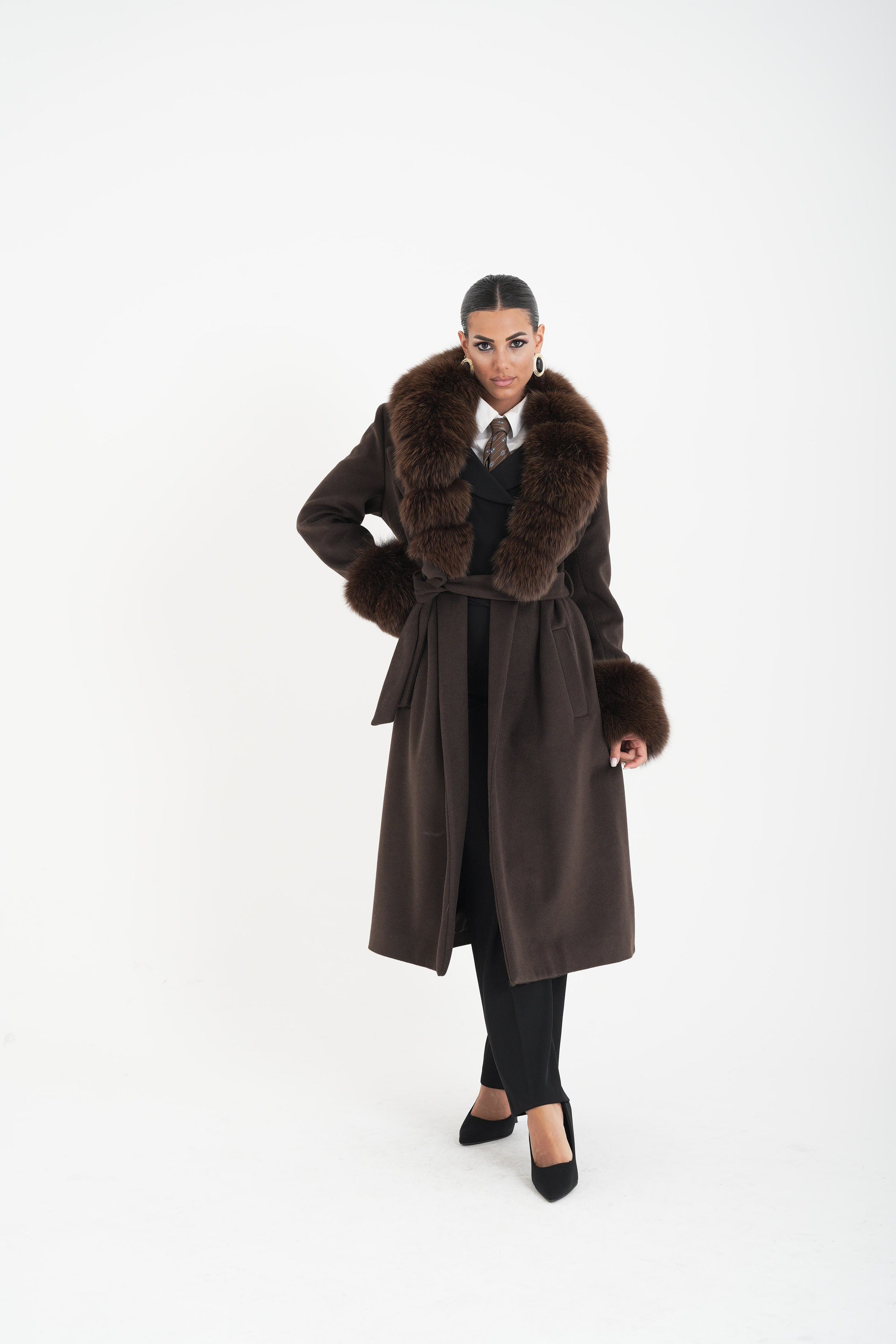 Cappotti bordato in volpe choco